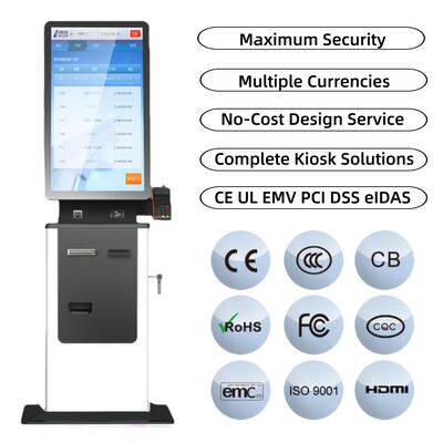 comprar 27 32 Inch Self Service Touch Screen Hotel Check in Kiosk Passaporte Scanner Dispensador de cartões A4 Impressão de bilhetes Pagamento em dinheiro Kiosk online manufacture