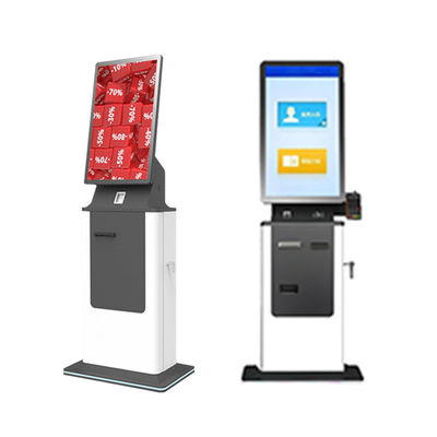 27/32 Inch Self Service Kiosk Terminal Impressão de bilhetes Recebimento de cartão de crédito Distribuição de cartão de crédito e passaporte Funções de digitalização