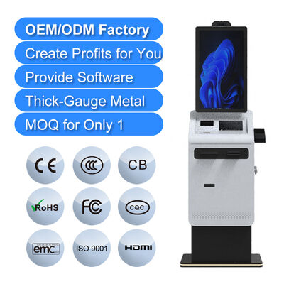 Touch Screen Self Service Payment Kiosk SDK Enabled Bill Ticket A4 Printer Scanner Card Dispenser Cash Recycler Multi-OS Floor