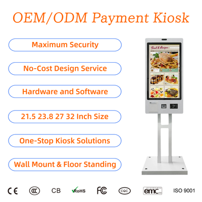 21.5 27 32 Inch Touch Screen Self Ordering Kiosk with QR Scanner Ticket Printer for Restaurants Wall Mount or Floor Standing
