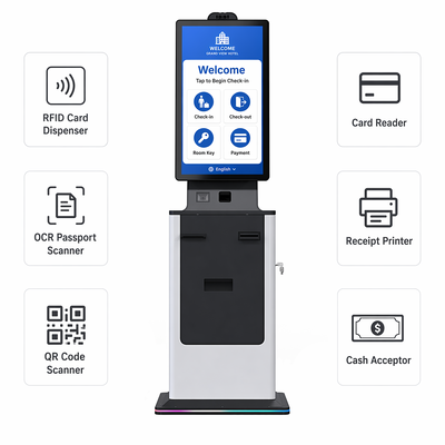 Hotel Hospital Cheque no quiosque Self-service Dispensador de cartão de tela sensível ao toque Dispensador de passaporte Scanner Impressora de bilhetes Aceitador de dinheiro Quiosque de pagamento